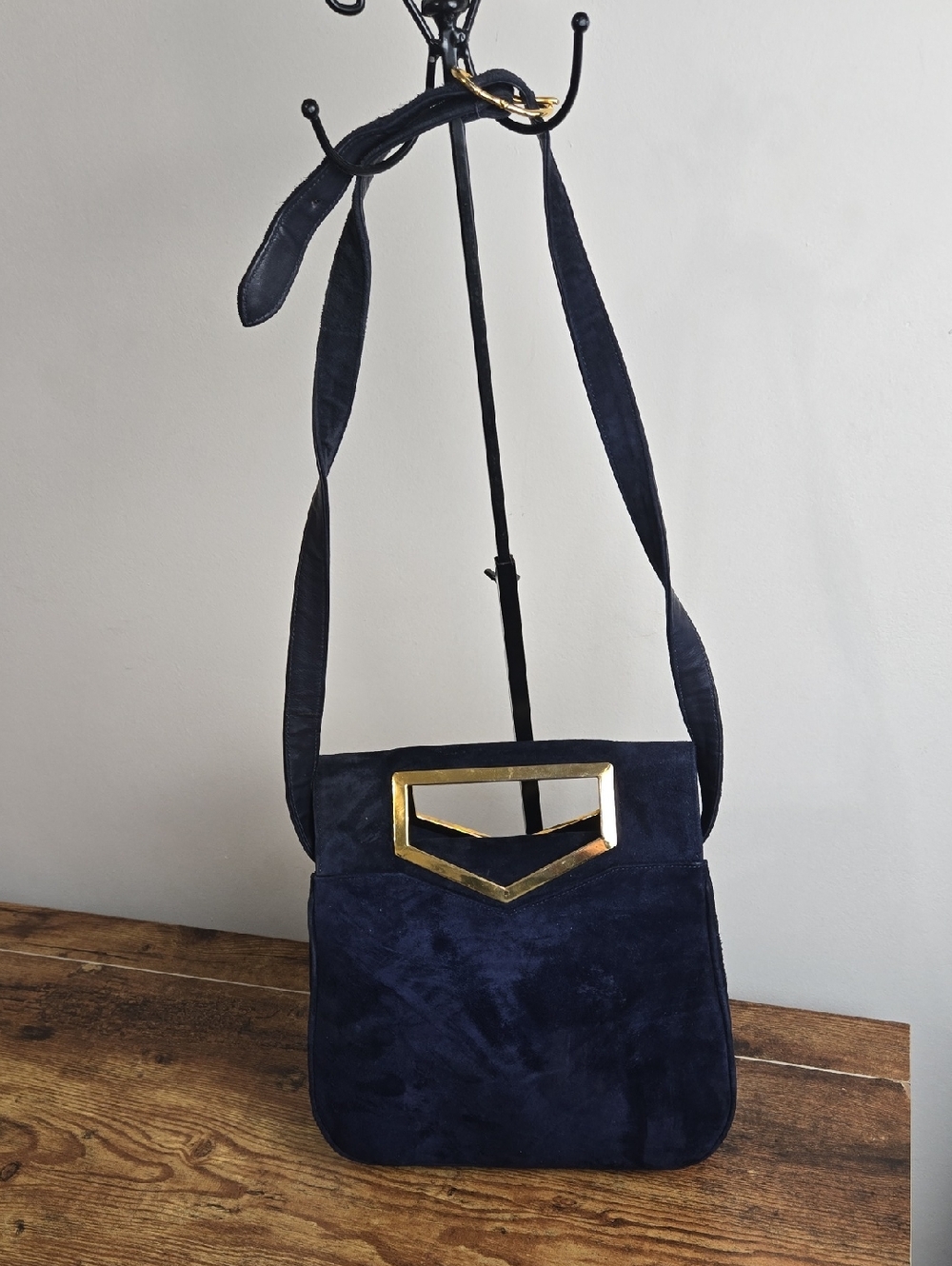 Vintage Salvatore Ferragamo Blue Suede Shoulder Bag with Gold Accent Euro Boho - Picture 3 of 12